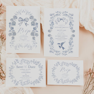 Cartão De Informações Casamento Floral Azul-Vintage, Francês Elegante