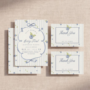 Convites Berry Primeiro Aniversário Doce Mirtilo Faixa