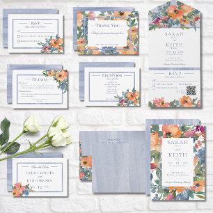 Convites Casamento de Moldura Floral de Peach & Blue Waterc