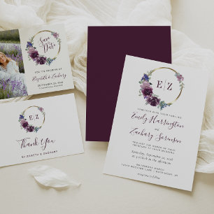 Cartão RSVP Casamento Dourado de Hoop Roxo do Monograma