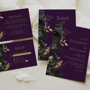 Cartão RSVP Detalhes do Casamento Dourado Floral Roxo Preto