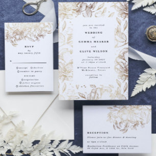 Convites Casamento Botânico Dourado Elegante Branco