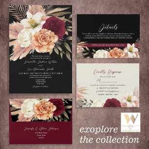 Convites Casamento Negro Rustic Floral Burgundy
