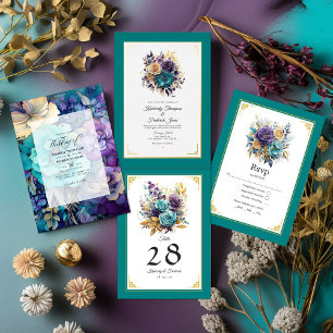 Cartão RSVP Casamento Teal, Roxo e Dourado Floral