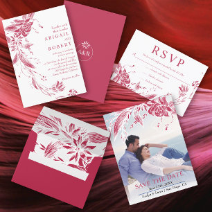 Cartão RSVP Viva magenta line art flores tipografia floral