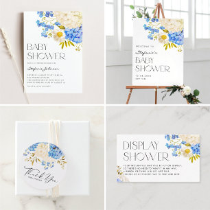 Cartão De Informações Registro de Código QR de Hydrangeas Azul e Branco