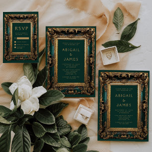 Cartão De Informações Vintage Frame Green Dourado Wedding RSVP