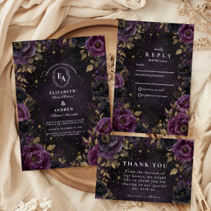 Convites Casamento Gótico de Meia-Noite Roxo