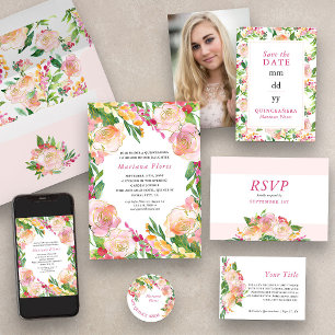 Cartão RSVP Flor Chic Floral Rosa e Flores Douradas