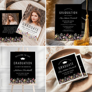 Convites Festa de Formatura Boho Wildflowers Preta