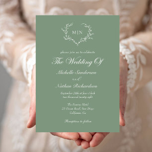 Convites Elegante Sage Green Wedding Monograma Foto