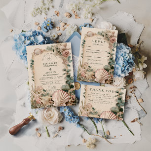 Convites Casamento Romântico com Concha Costeira Vintage