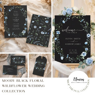 Convite de Casamento Floral Boho Preto   Azul Somb