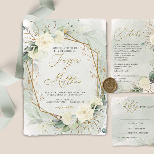 Convites Casamento Dourado de Eucalyptus Greenery White Ros