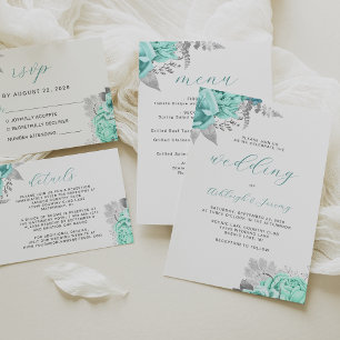 Convites Casamento de Script de Prata de Aqua Floral Elegan