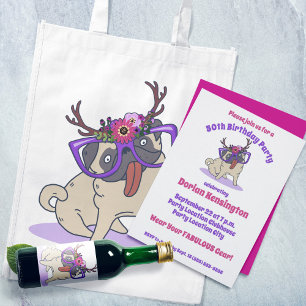 Convites Bela Menina Boho Floral Pug Puro Óculos Aniversári