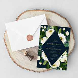 Convites Casamento de marinho de quadro floral branco de ma