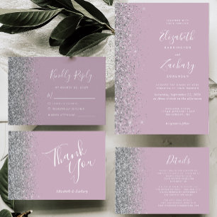 Convites Casamento de Borda Glitter de Prata Roxo Moderno