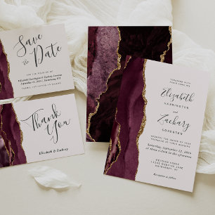 Convites Modern Burgundy Dourado Agate Blush Salve a Data