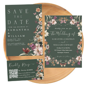 Convites Elegante Boho Wildflower Dark Green Salvar Data