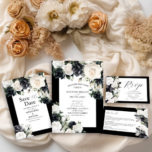 Convites Casamento Floral Branco e Preto Elegante
