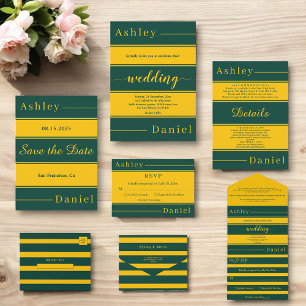 Convites Casamento De Luxo Elegante Verde E Dourado Listras