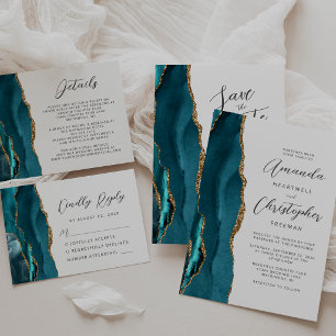 Convites Casamento Azul Ágata Dourado Script