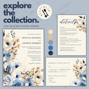 Convites Casamento Floral Dourado de Inverno Elegante Dusty