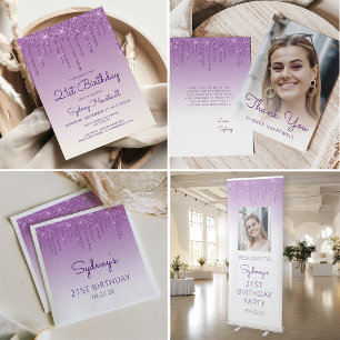 Cartão De Agradecimento Foto Brilho Roxo Gotejamento Aniversário