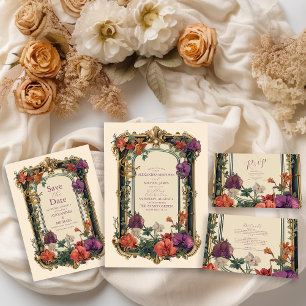 Cartão RSVP Casamento Floral Dourado Purple Vintage