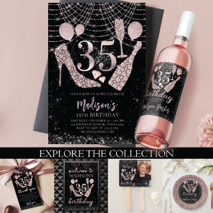Convites Luxo 35º Aniversário Rosa Dourado e negro