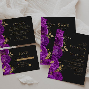 Convites Casamento Dourado Roxo Romântico