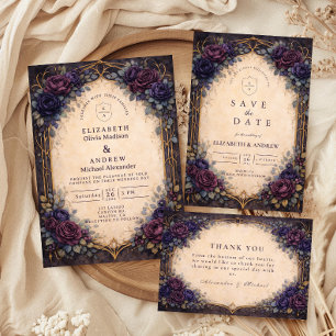 Reserve A Data Casamento Floral Gótico Roxo Sombrio