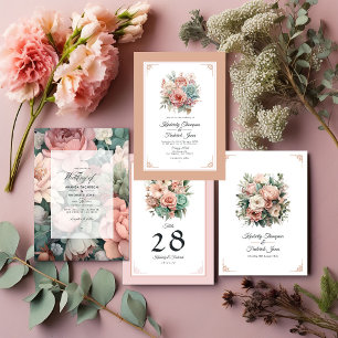 Convites Dusty Rosa, Mint Green e Blush Floral Wedding