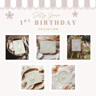 Convites Gingham Verde primeiro aniversario bobo Goose