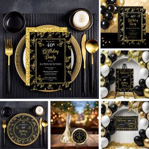 Convites Partido Elegante Black Dourado Butterflies anivers
