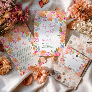 Cartão De Agradecimento Pêssego Moderno Boho e Graduação Floral Rosa