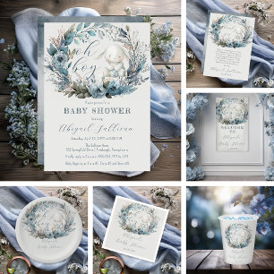 Convites Oh Boy Bunny Rabbit Blue Floral Wreath Chá de fral