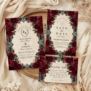 Reserve A Data Casamento Gótico de Romance Sombrio Rosa Vermelho 