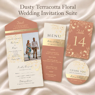 Convites Casamento Floral em Terracota Dourada Empoeirada