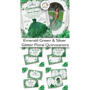 Programa Foto Silver Verde Glitter Quinceanera Floral