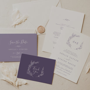 Convites Minimal Leaf   Dusty Purple Monogram Wedding