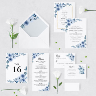adorável convite de casamento floral azul empoeira
