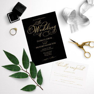 Convites Casamento de Manuscrito Preto Dourado Elegante