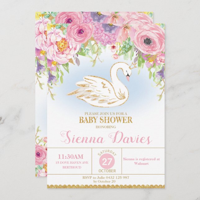 Swan Princesa Chá de fraldas Convite Floral Girl (Frente/Verso)