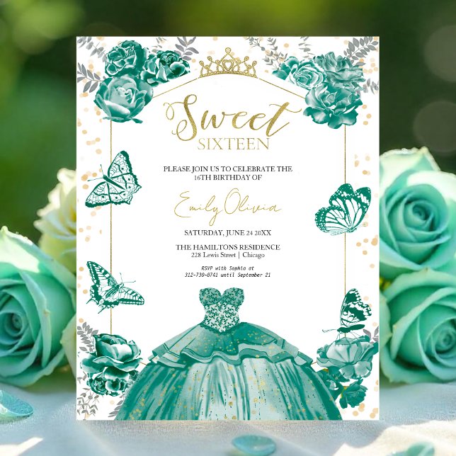 Sweet 16 Budget Invitation Emerald Green Butterfly (Criador carregado)