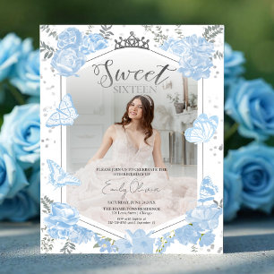 Sweet 16 Budget Photo Invitation Blue Butterfly