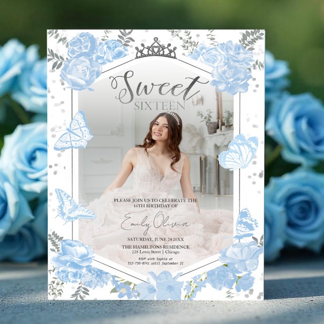 Sweet 16 Budget Photo Invitation Blue Butterfly (Criador carregado)
