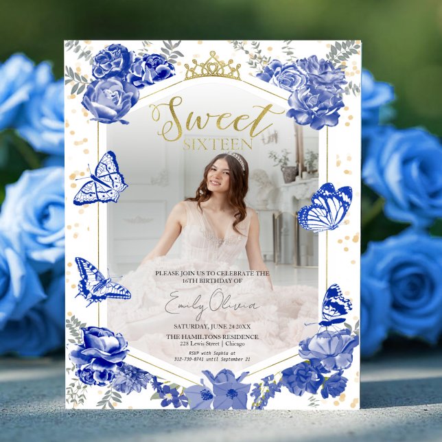 Sweet 16 Budget Photo Invitation Blue Butterfly (Criador carregado)