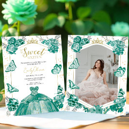 Sweet 16 Budget Photo Invitation Green Butterfly